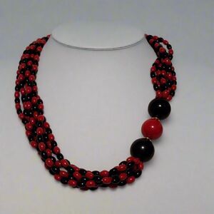 Vintage Black and Red Multi-Strand Bead Necklace with Gold Tone Clasp